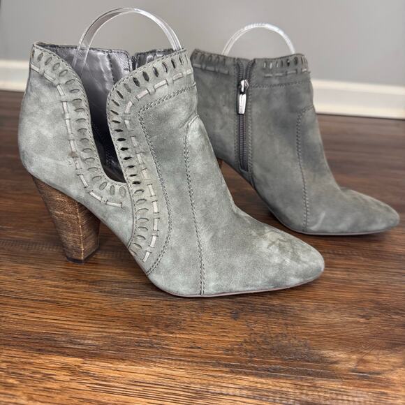 Vince Camuto Shoes - Vince Camuto Reeista size 7.5 gray suede block ankle booties almond toe cut out